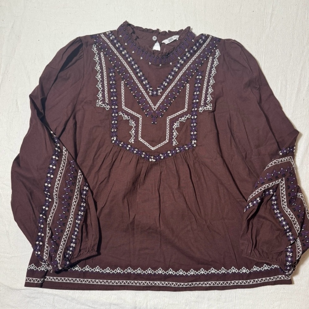 Zara Embroidered & Beaded Long-Sleeve Tunic - Brown with White & Purple Accents - Picture 13 of 13